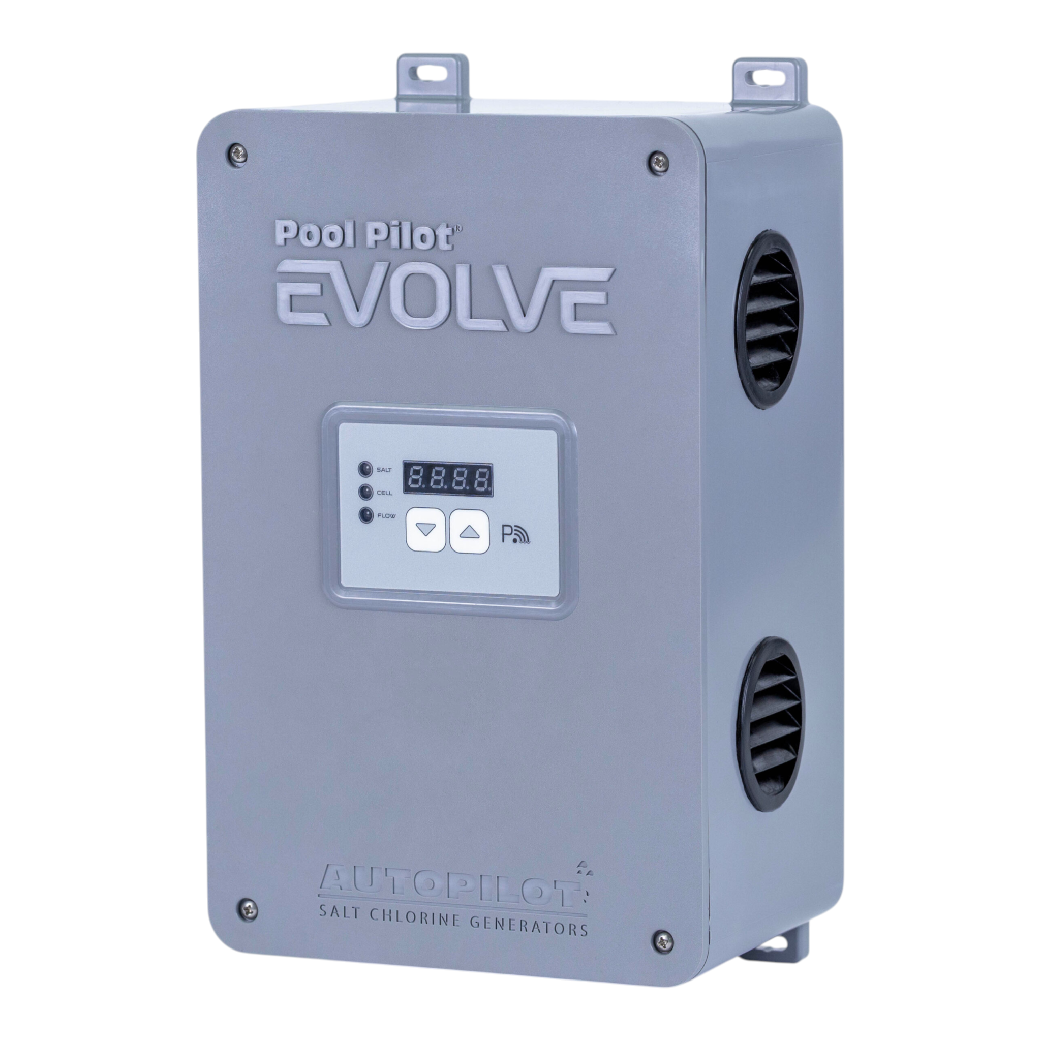 Ducky's Pools, Hot Tubs & Living AutoPilot Pool Pilot Evolve salt chlorine generator with digital display and control buttons.