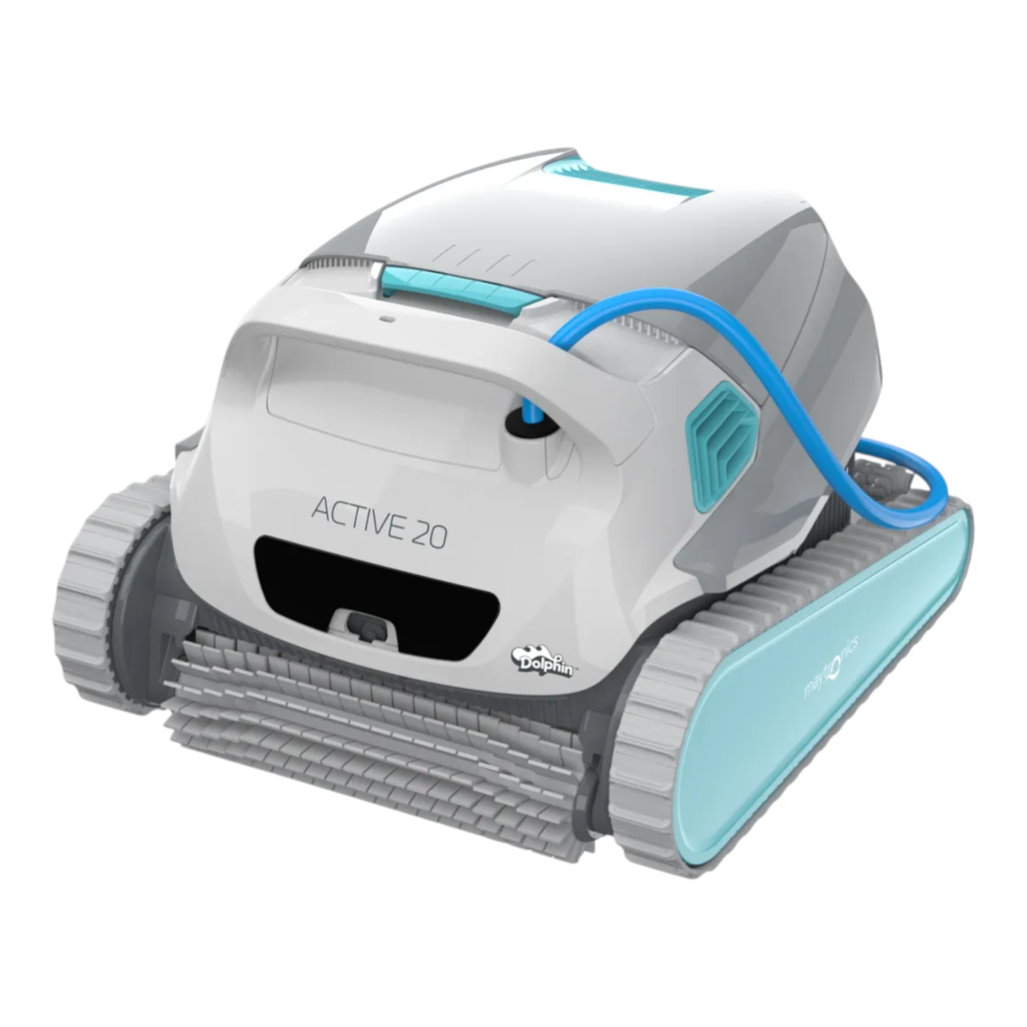Ducky's Pools, Hot Tubs & Living Dolphin Active 20 robotic pool cleaner in white and blue with a cord.