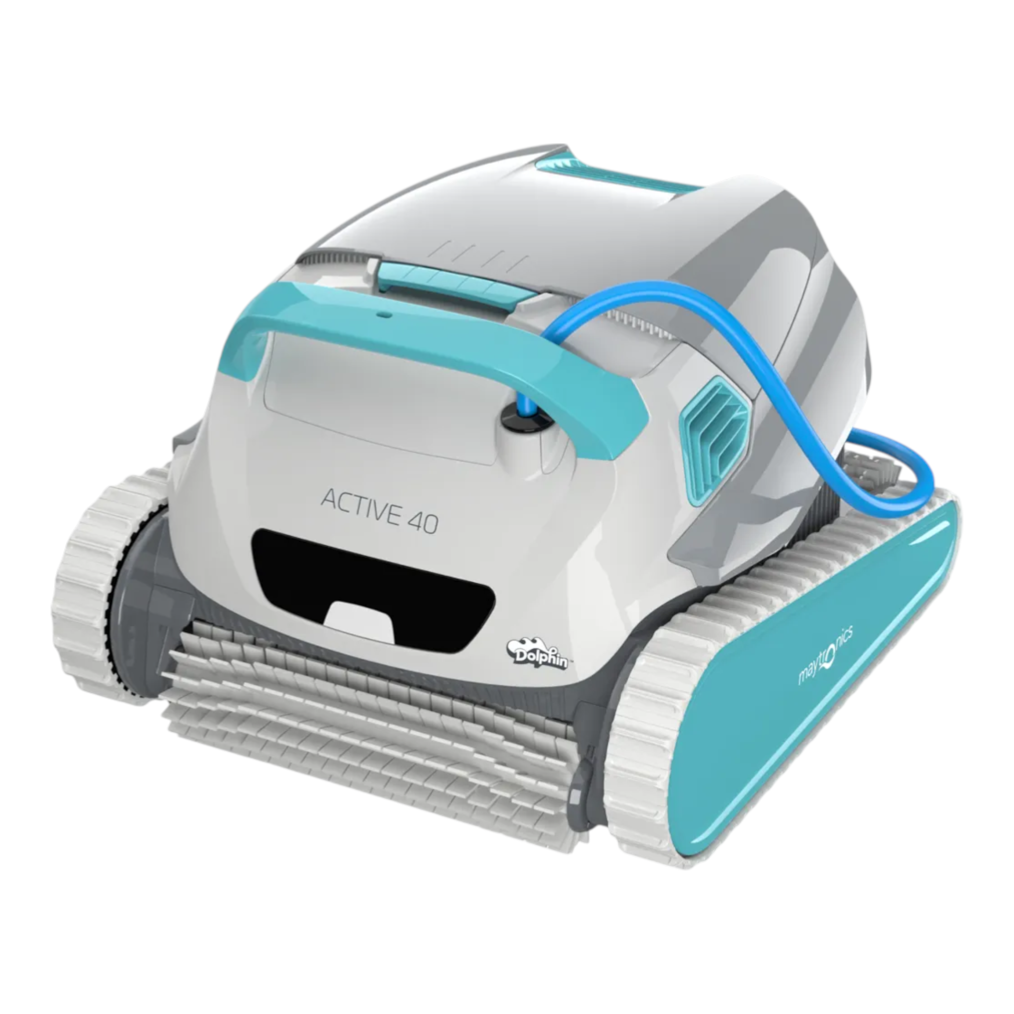 Ducky's Pools, Hot Tubs & Living Maytronics Dolphin Active 40 robotic pool cleaner in white and teal with a blue cord.