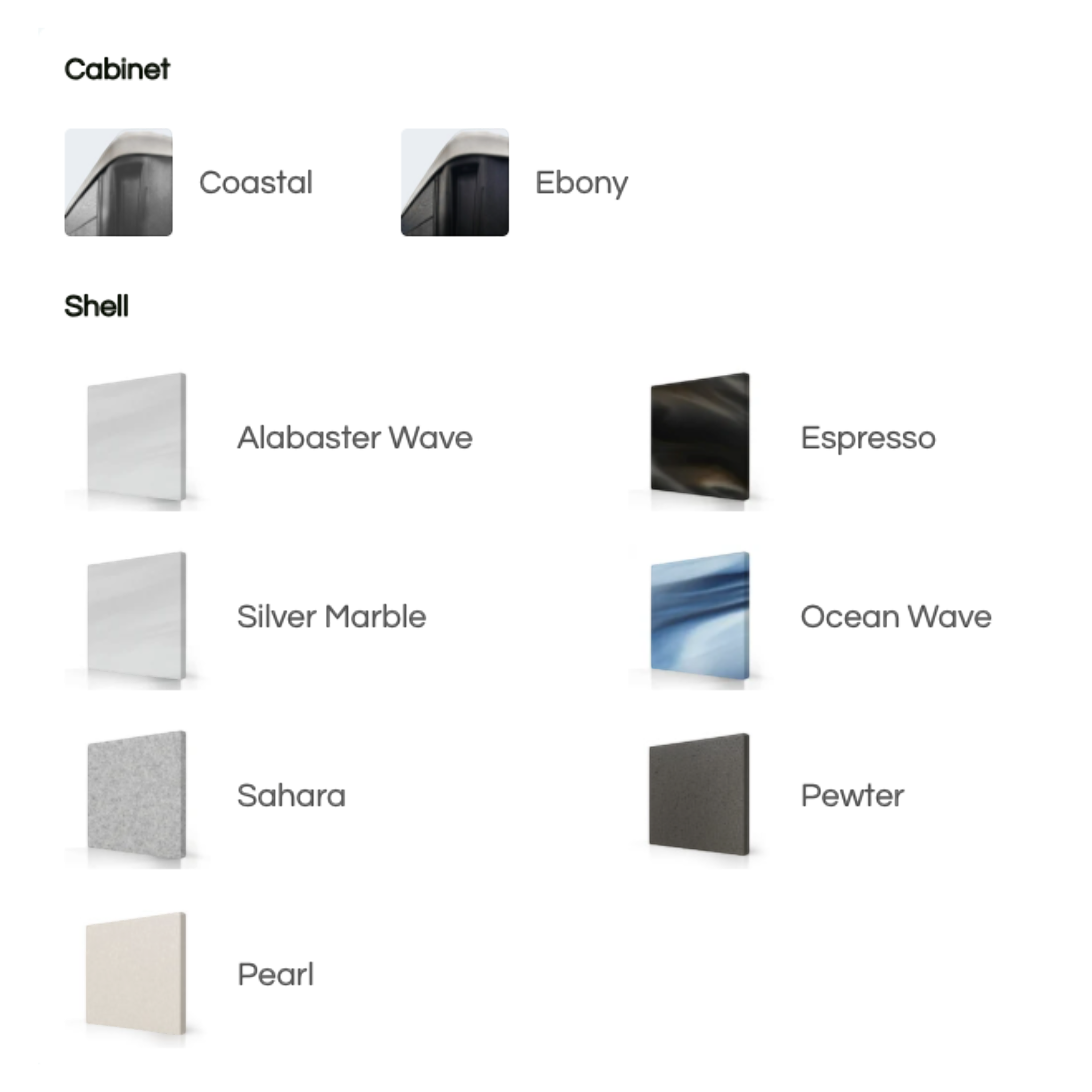 Ducky's Pools, Hot Tubs & Living Harmonic H166LPP hot tub cabinet and shell color options: Coastal, Ebony, Alabaster Wave, Espresso, Silver Marble, Ocean Wave, Sahara, Pewter, Pearl.