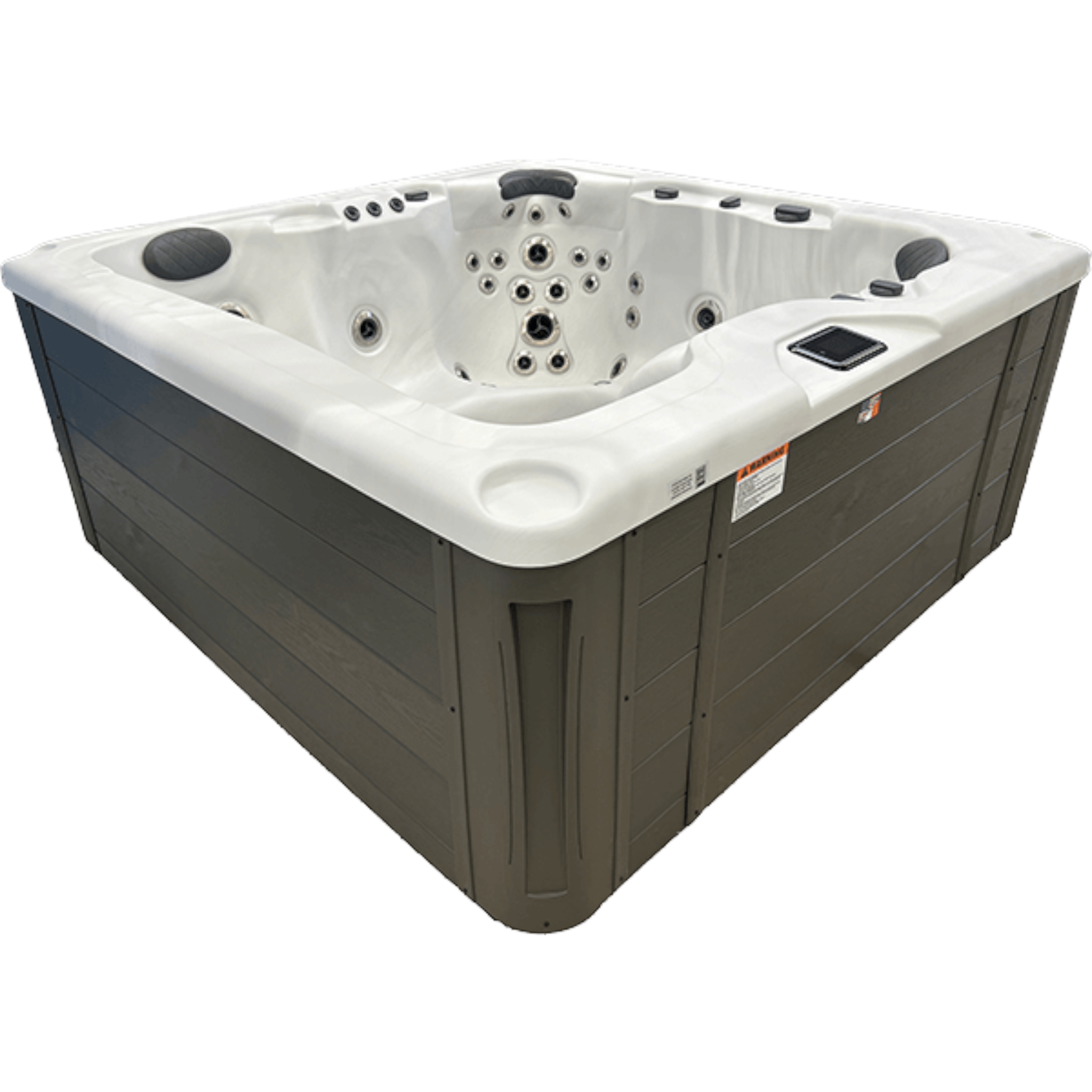 Ducky's Pools, Hot Tubs & Living Harmonic H277L 6-person hot tub with lounger, 55 jets, LED lighting, and touchscreen controls.
