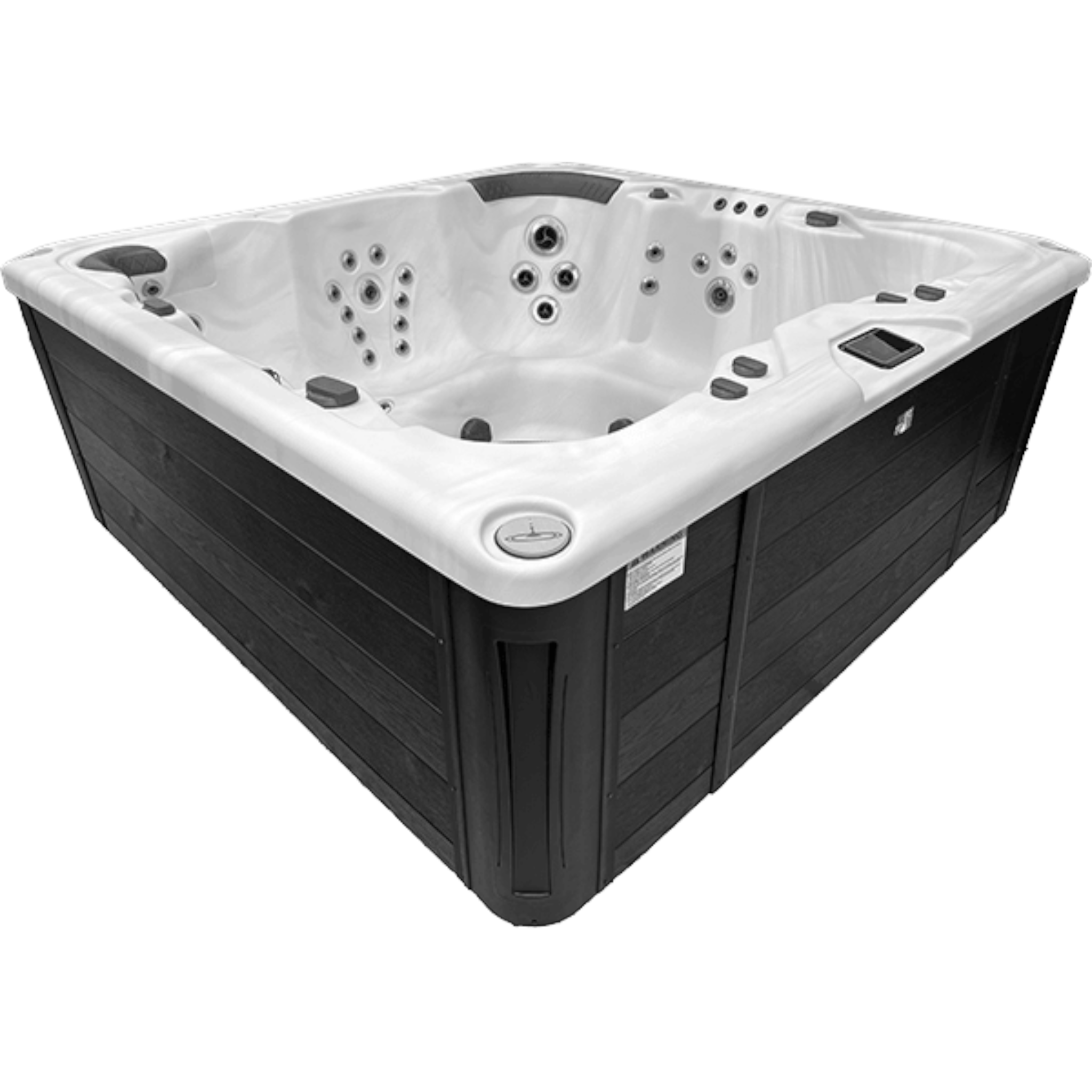 Ducky's Pools, Hot Tubs & Living Harmonic H288B hot tub with 64 jets, seating for 7, and LED lighting. Dark wood-grain exterior.
