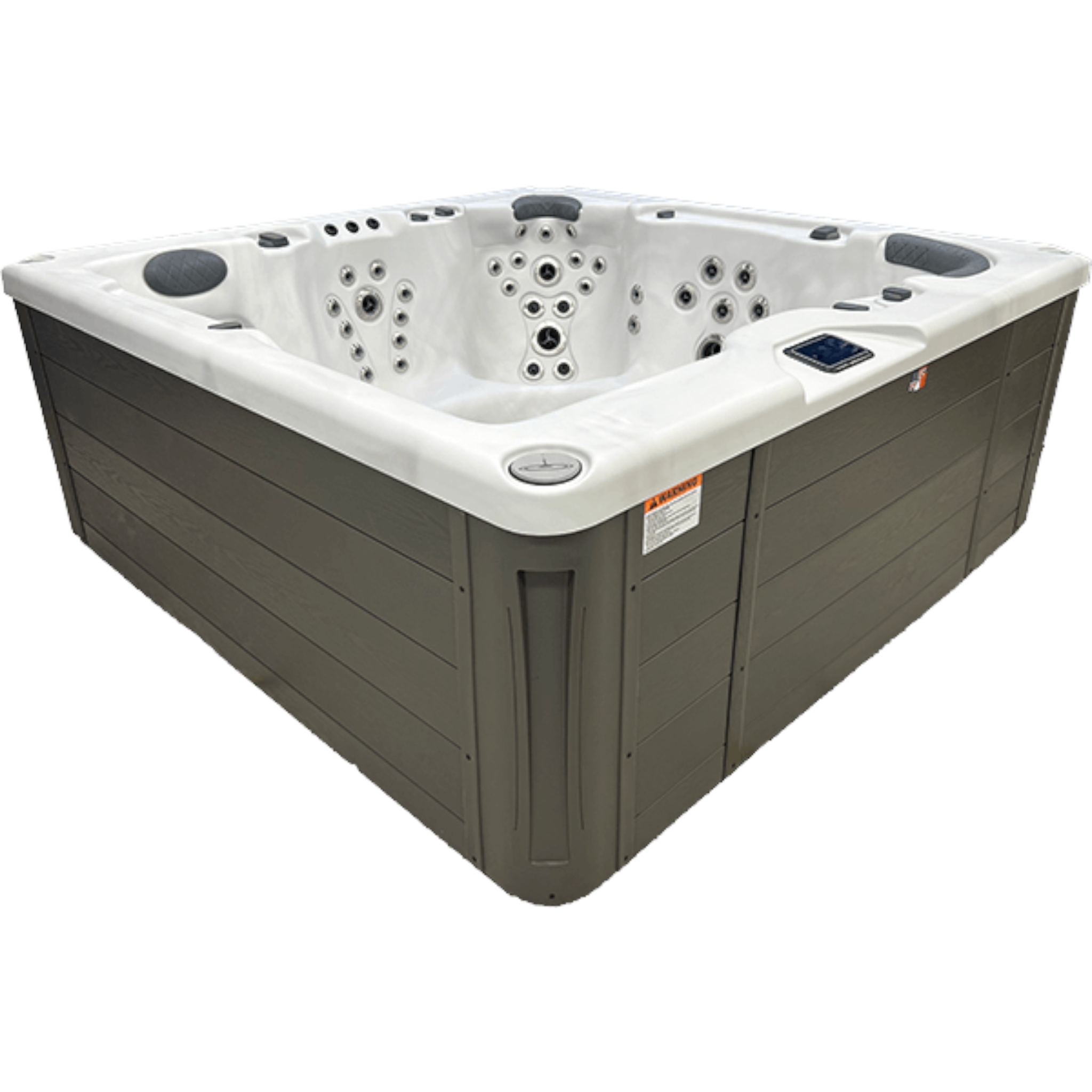 Ducky's Pools, Hot Tubs & Living Harmonic H288L 6-person hot tub with lounger, 67 jets, LED lighting, and touchscreen controls.
