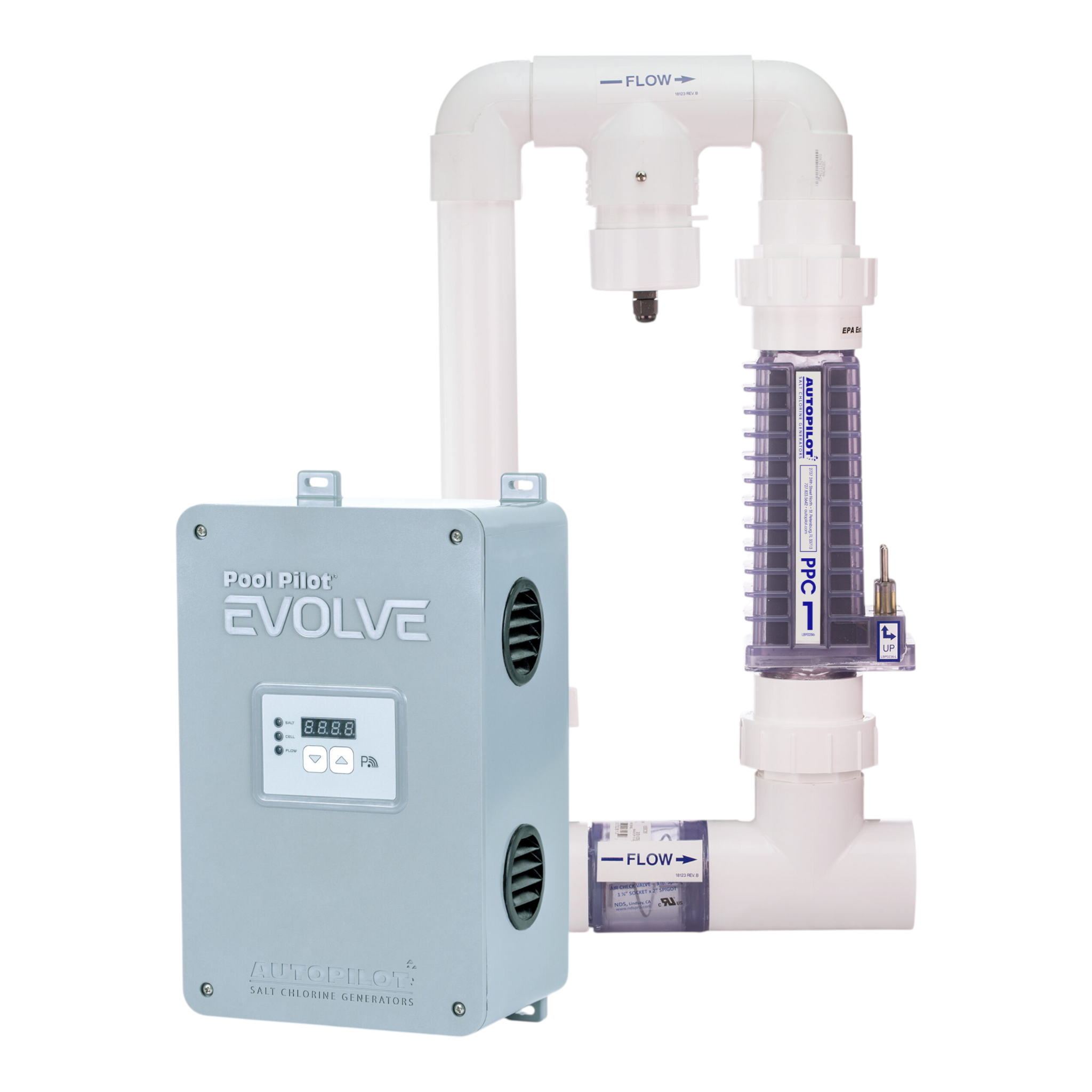 Ducky's Pools AutoPilot Pool Pilot Evolve salt chlorine generator with digital display and PVC piping.