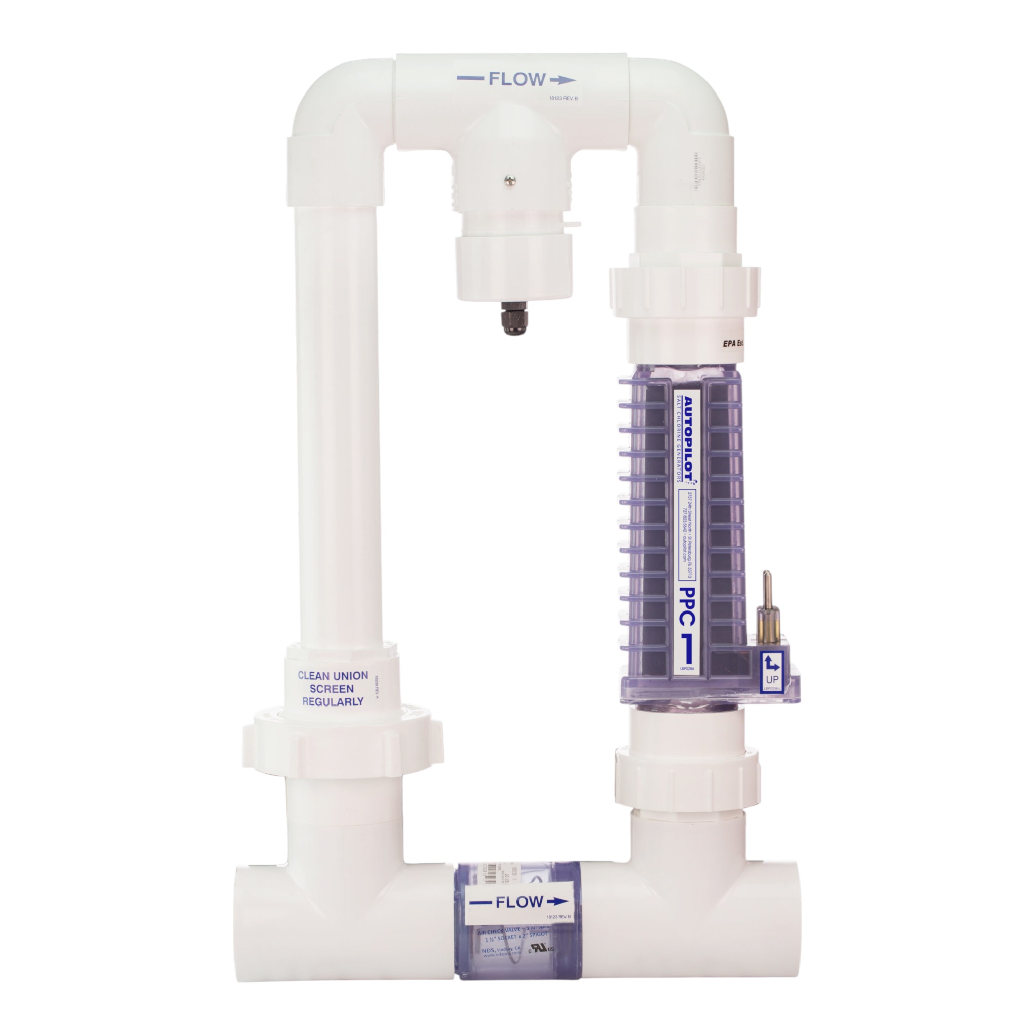 Ducky's Pools, Hot Tubs & Living AutoPilot Pool Pilot Evolve salt chlorine generator with clear purple cell housing and white PVC piping.