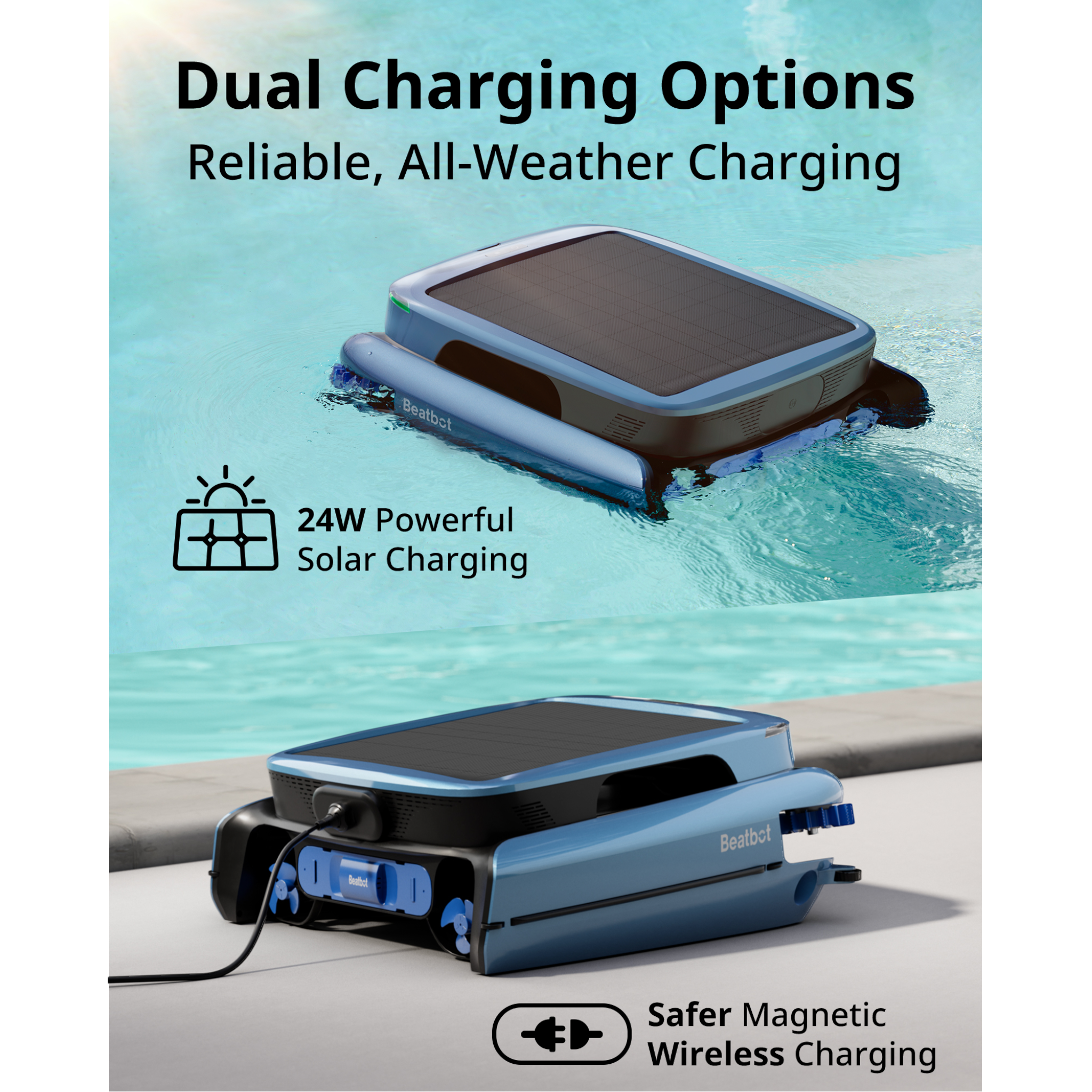 Ducky's Pools Beatbot K100 Ultra Skimmer with solar panel and magnetic wireless charging options.
