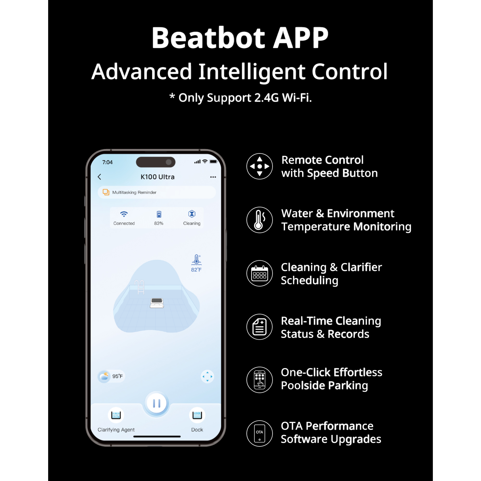 Ducky's Pools Beatbot K100 Ultra app interface showing pool cleaning status, water temperature, and remote control options.