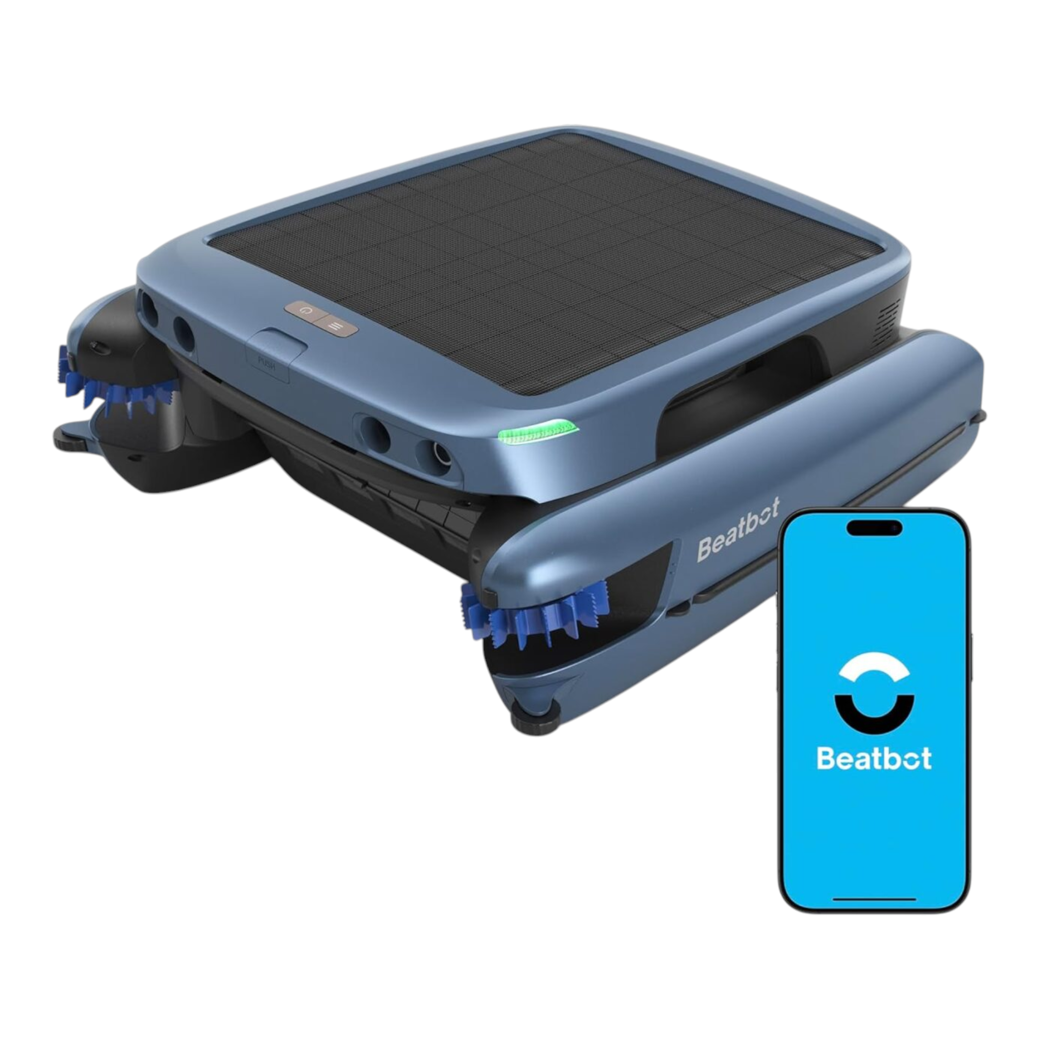 Ducky's Pools Beatbot K100 Ultra Skimmer, a blue robotic pool cleaner with solar panel and smartphone app control.