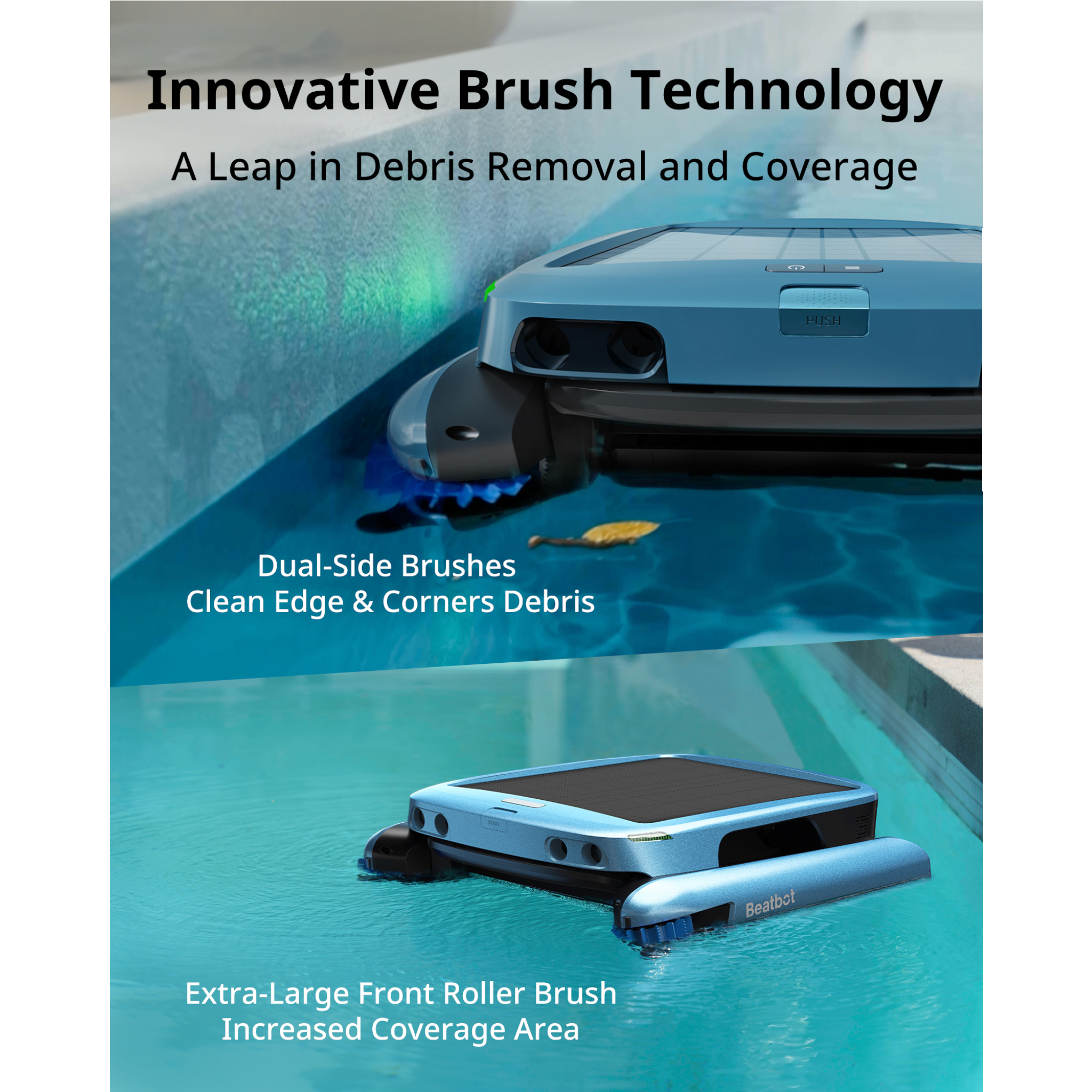 Ducky's Pools Beatbot K100 Ultra Skimmer, a blue robotic pool cleaner with dual-side brushes and an extra-large front roller brush for efficient debris removal.