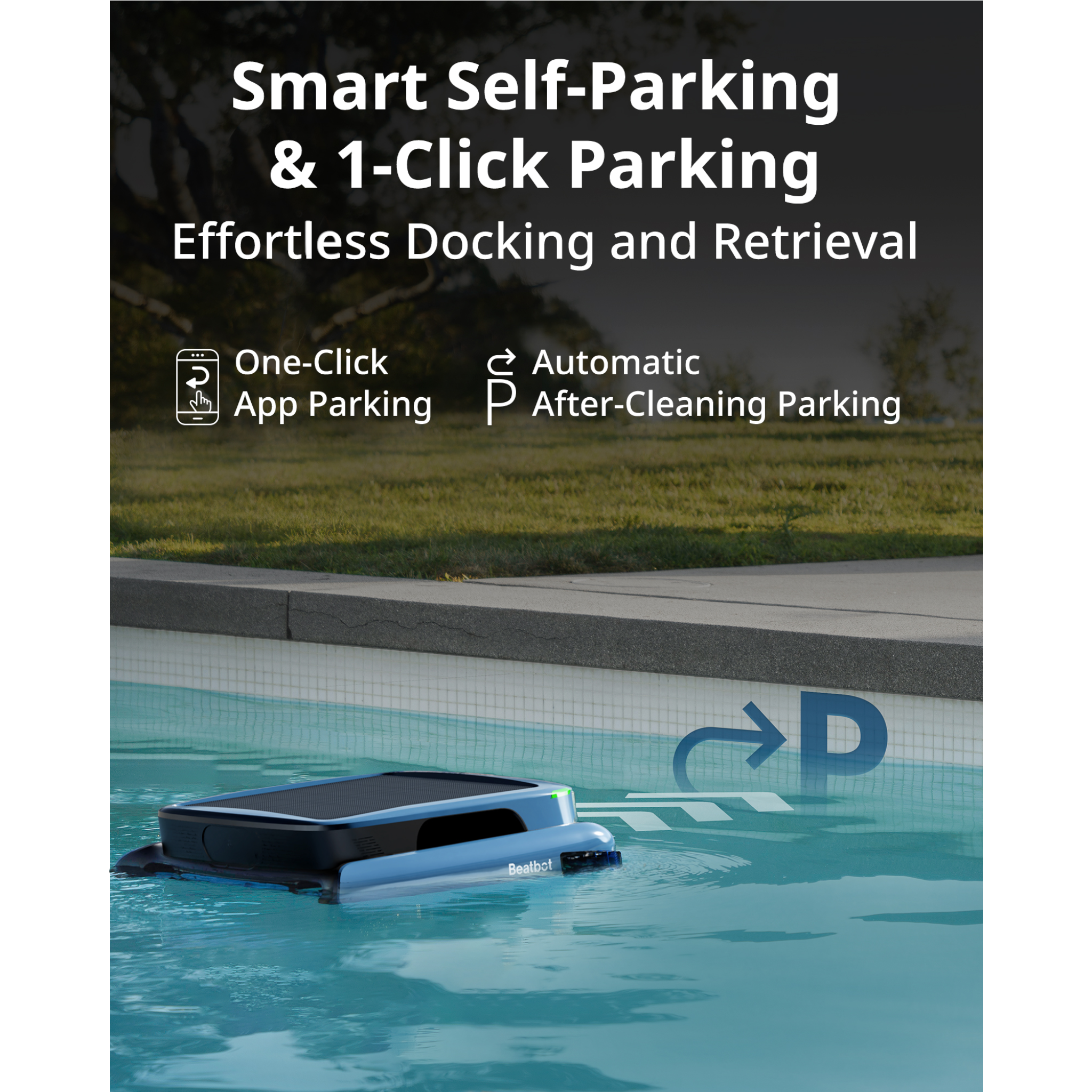 Ducky's Pools Beatbot K100 Ultra Skimmer robotic pool cleaner in blue and black, featuring smart self-parking and app control.