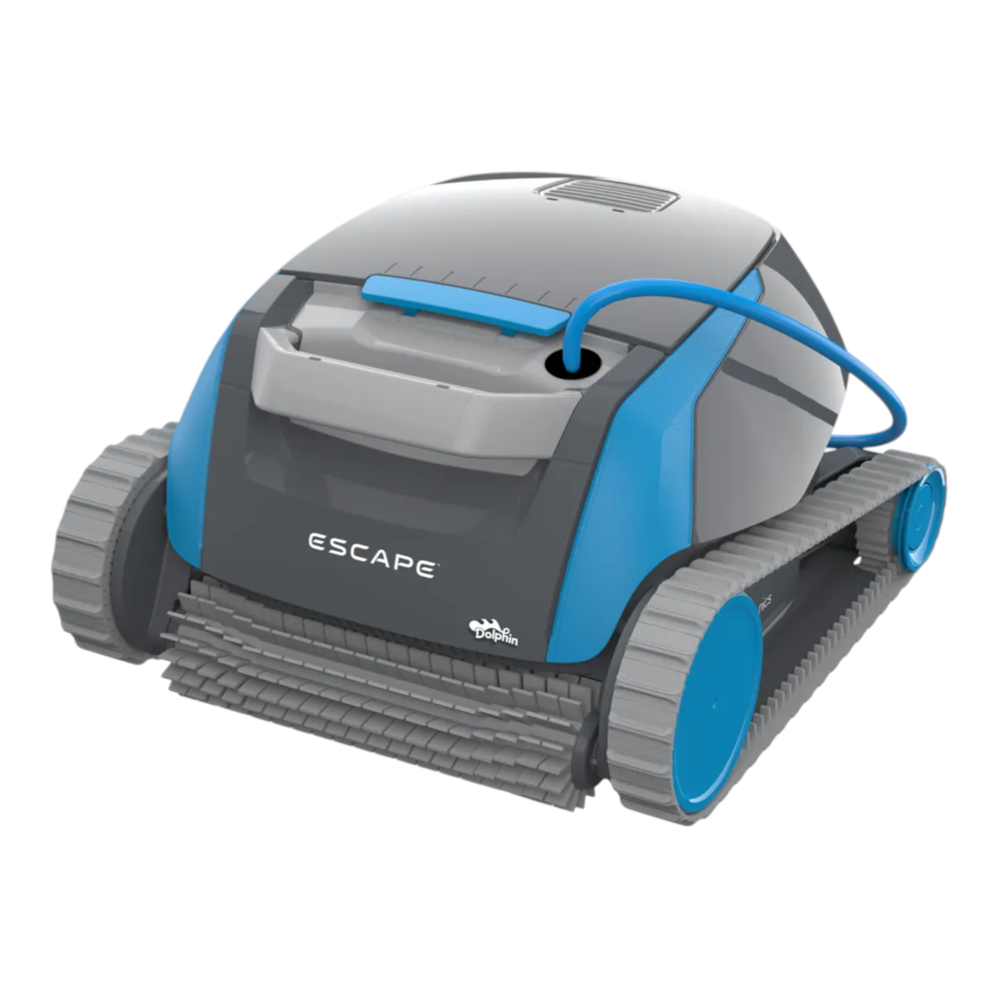Ducky's Pools, Hot Tubs & Living Maytronics Dolphin Escape robotic pool cleaner in grey and blue with tracks and brush.