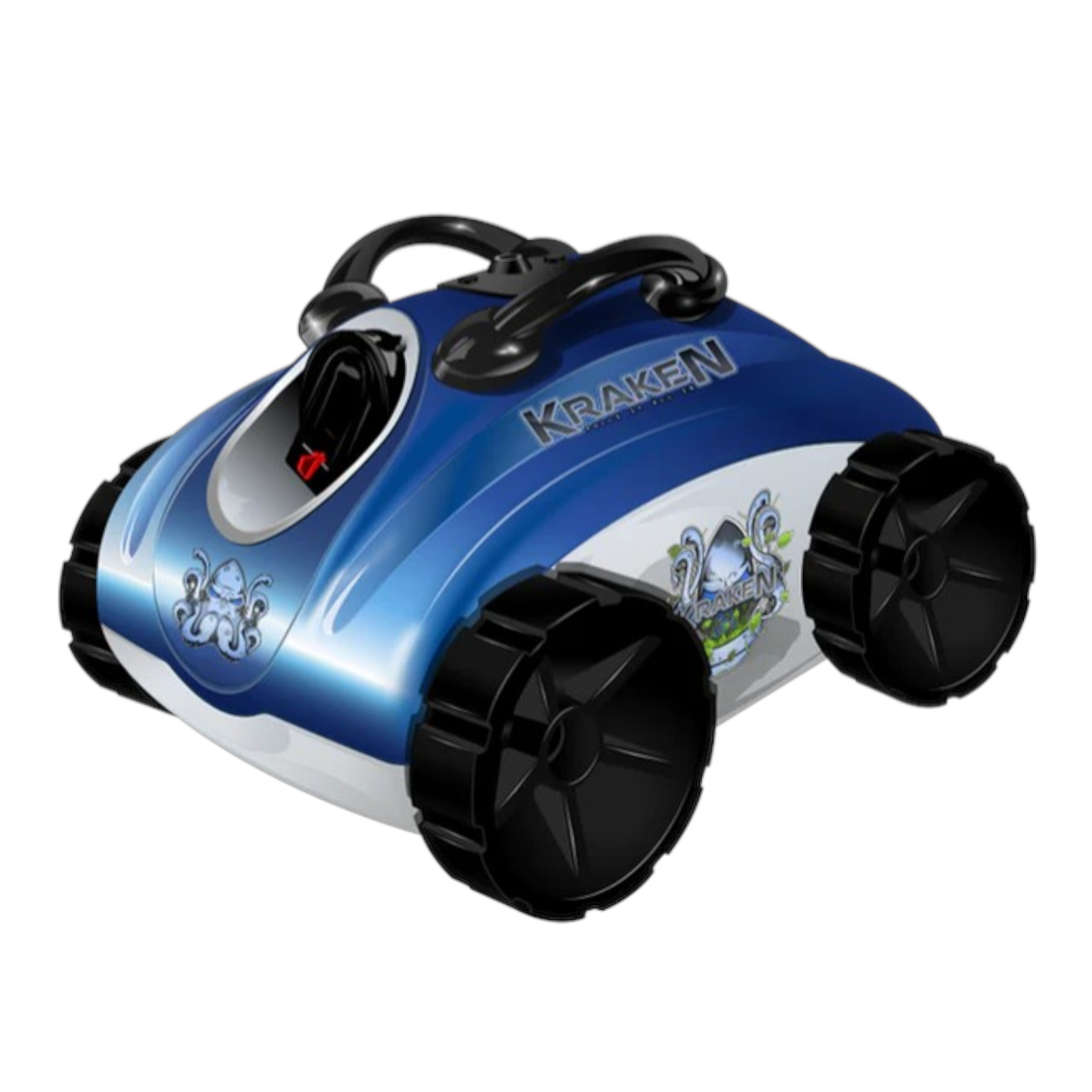 Ducky's Pools Krakken robotic pool cleaner in blue and white with large black wheels and Kraken graphics.