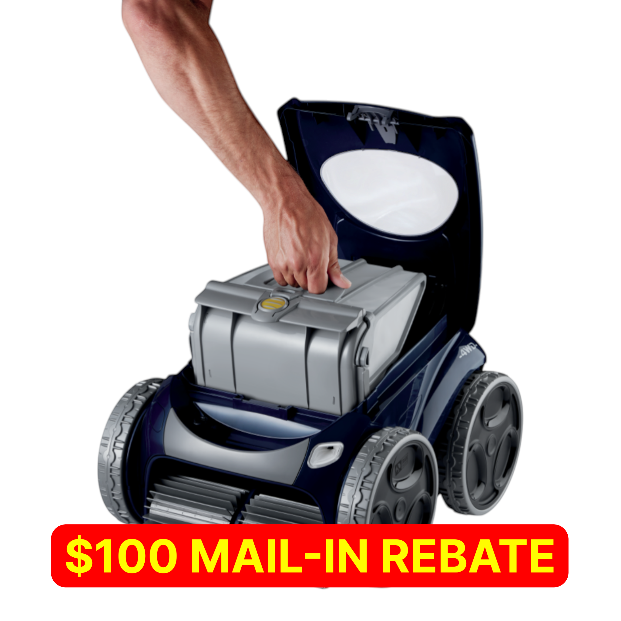 Ducky's Pools, Hot Tubs & Living Polaris Alpha IQ+ robotic pool cleaner with grey filter basket being removed.