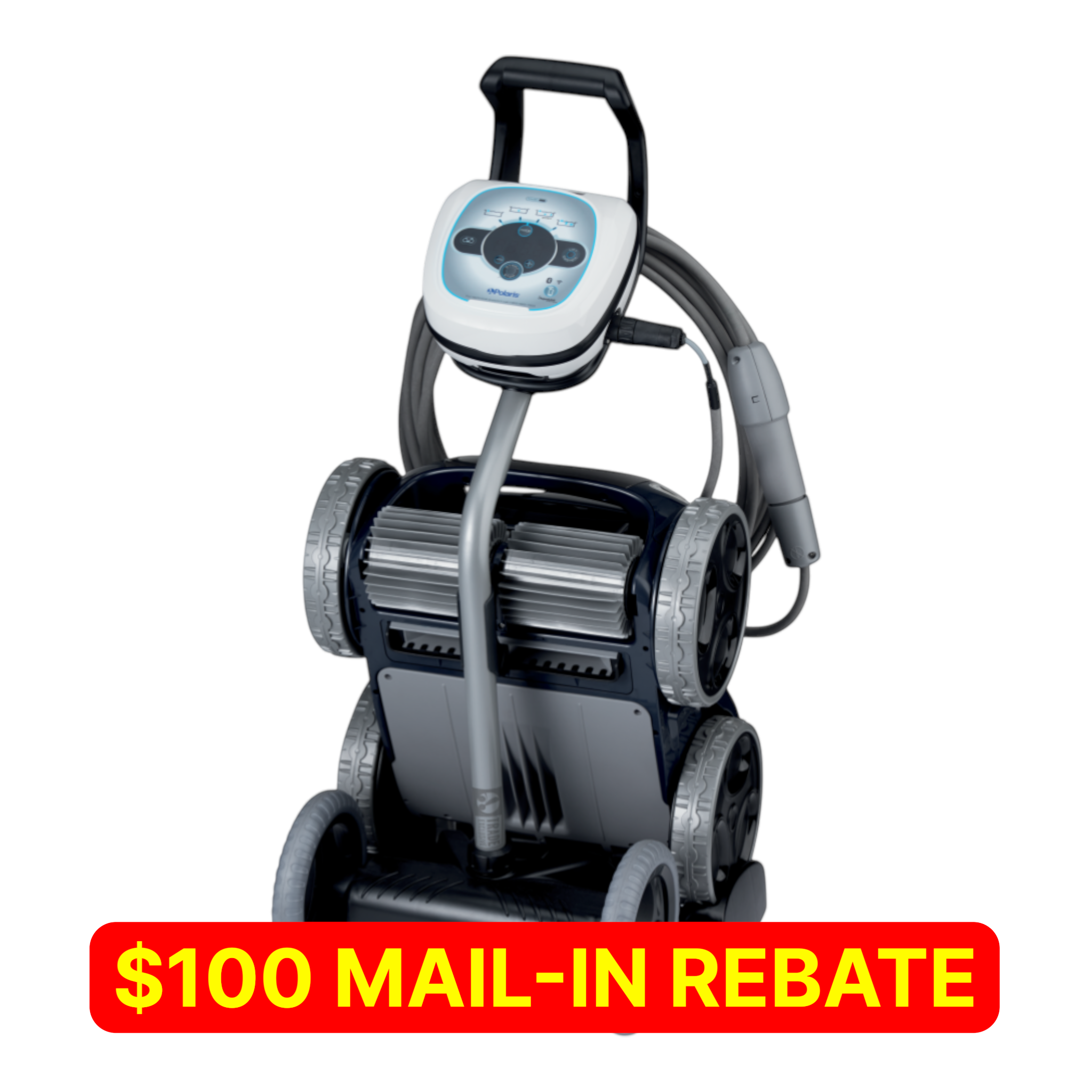 Ducky's Pools, Hot Tubs & Living Polaris Alpha IQ+ robotic pool cleaner with blue and grey accents and a cord.