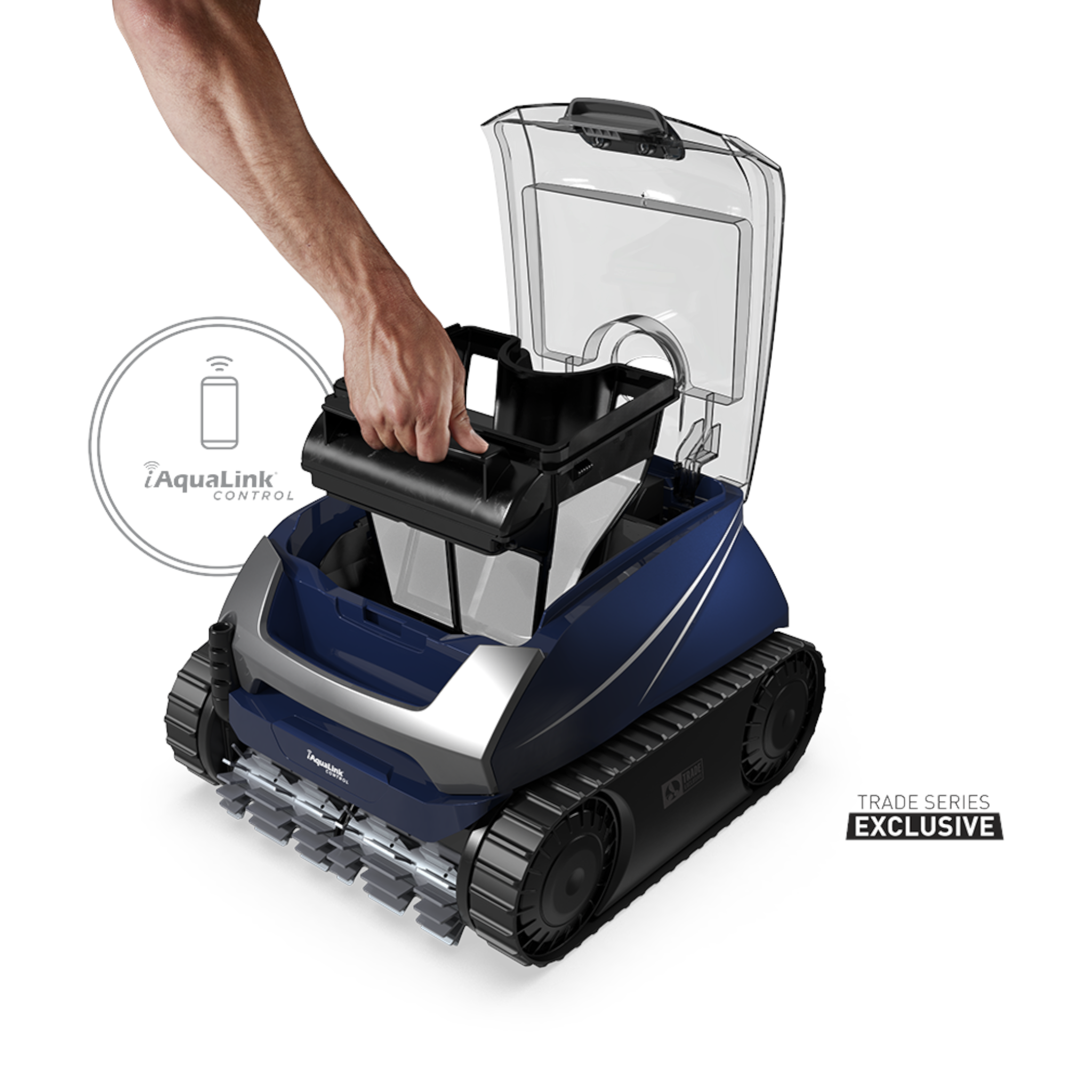 Ducky's Pools, Hot Tubs & Living Polaris Epic 8642 IQ robotic pool cleaner, blue with silver accents, featuring removable filter baskets and AquaLink control.