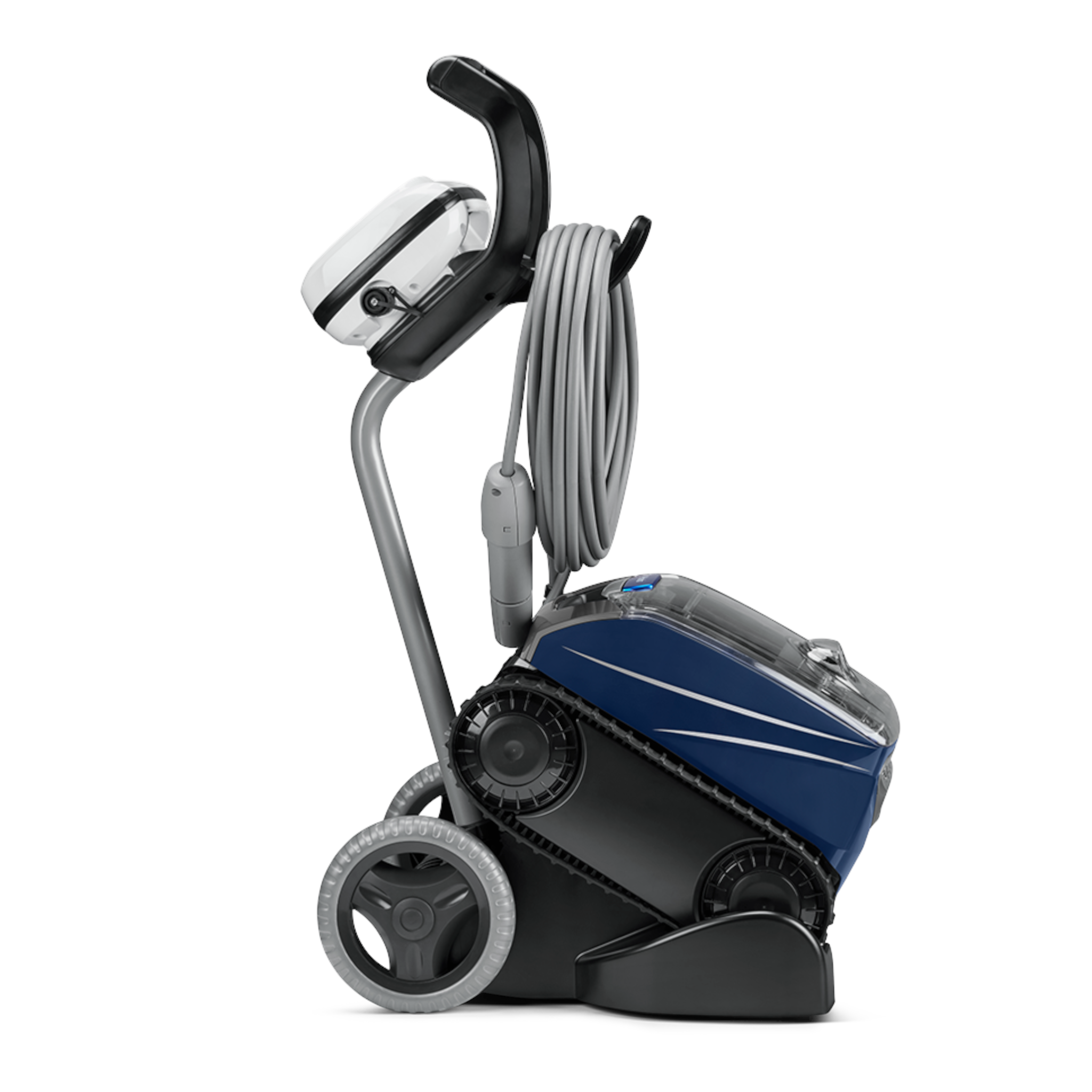 Ducky's Pools, Hot Tubs & Living Polaris Epic 8642 IQ corded robotic pool cleaner with blue accents and a grey cord.
