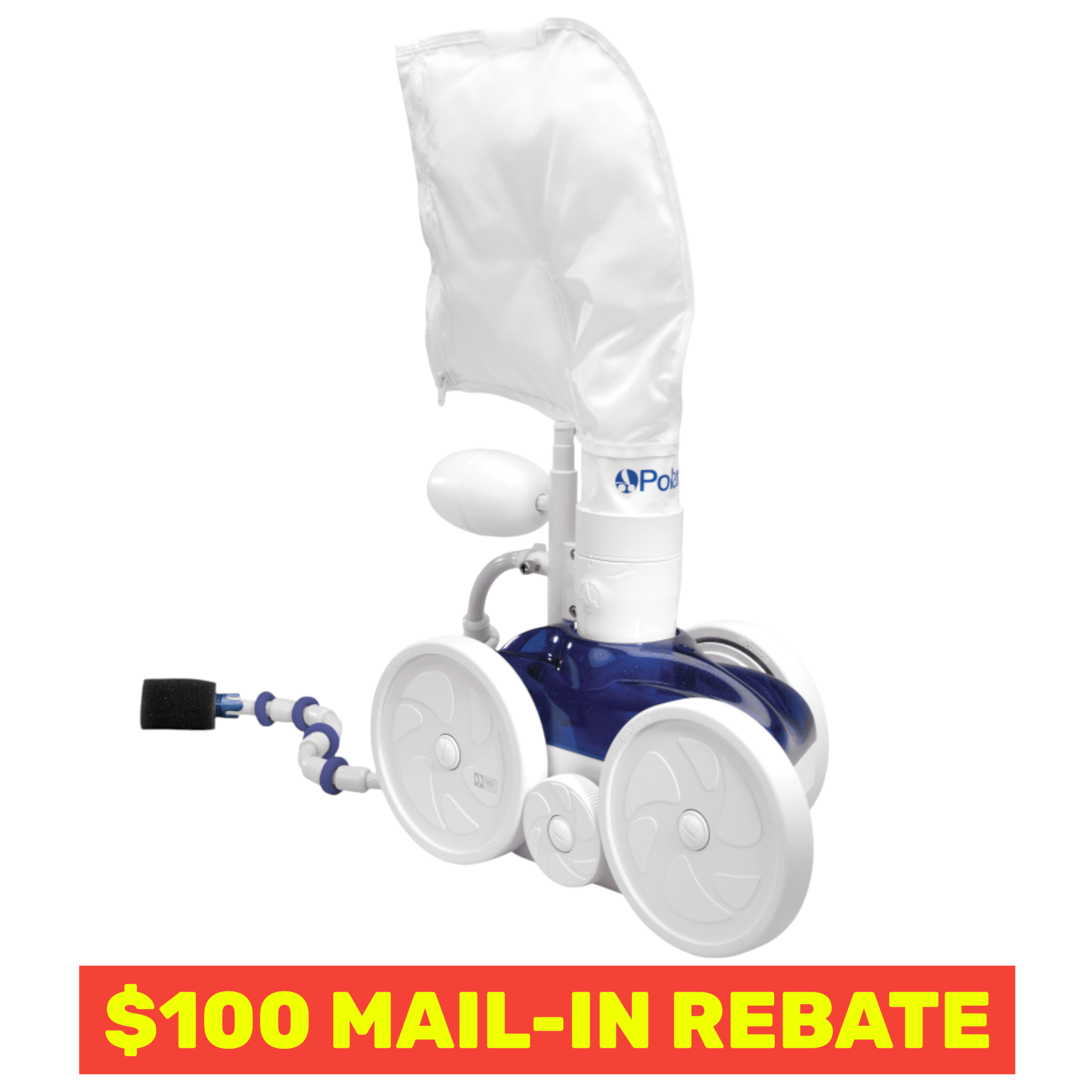 Ducky's Pools, Hot Tubs & Living Polaris TR28P automatic pressure pool cleaner with white debris bag and blue body.